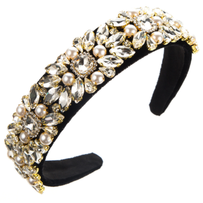 Women's Retro Palace Style Hair Hoop Glitter Fresh Sweet Luxury Velvet Fabric Rhinestone Pearl Hair 