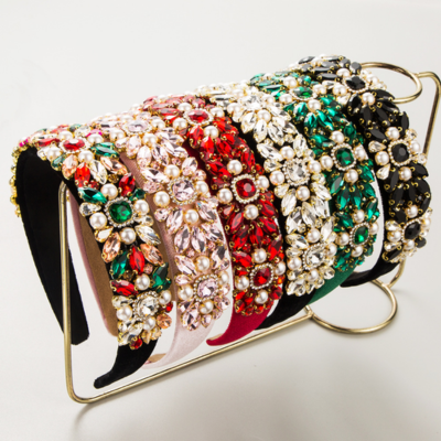 Women's Retro Palace Style Hair Hoop Glitter Fresh Sweet Luxury Velvet Fabric Rhinestone Pearl Hair 
