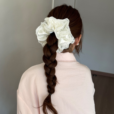 High-end satin polka dot lace double-layer scrunchie for women, elegant hair tie, bun hairband.