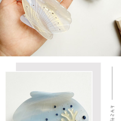 Seashell Shaped Acetate Hair Claw Clips - Ocean Themed Acetic Acid Hair Clamps with Rhinestone & Cor